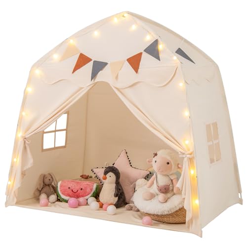 DREAMADE 2 in 1 Kinderzelt, Bettzelt mit Lichterkette & Flaggenbanner, Spielzelt Kinderzimmer, Spielhaus Kinder Indoor für Kinder ab 3 Jahren (Beige) von DREAMADE