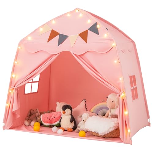 DREAMADE 2 in 1 Kinderzelt, Bettzelt mit Lichterkette & Flaggenbanner, Spielzelt Kinderzimmer, Spielhaus Kinder Indoor für Kinder ab 3 Jahren (Rosa) von DREAMADE