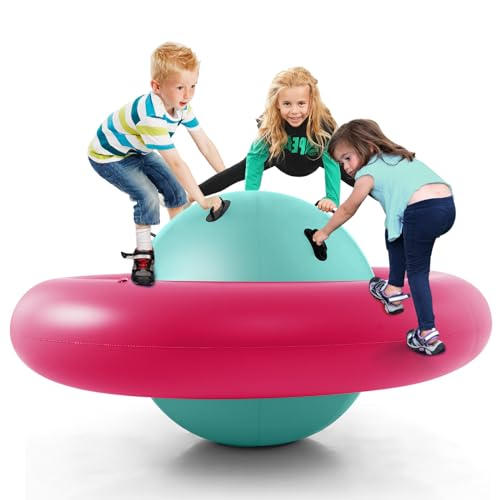 DREAMADE 233cm Aufblasbare Kuppelwippe, Spielwippe mit 6 Griffen, aufblasbar Kletterkuppel für 3 Kinder ab 5 Jahren, bis zu 113kg, für Hinterhof & Garten (Grün + Rosa) von DREAMADE