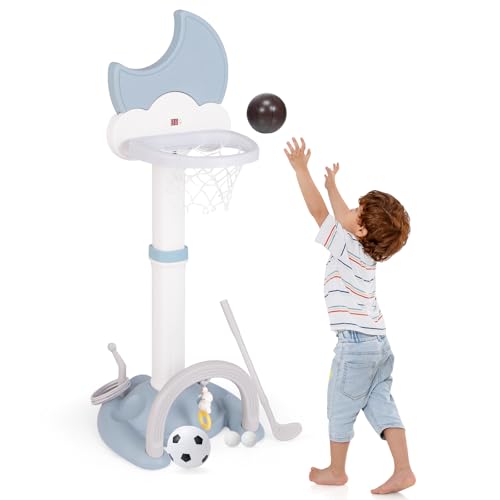 DREAMADE 4 IN 1 Kinder Basketballkorb Set, 114-152cm höhenverstellbarer Basketballständer & Fußballtor & Golf & Ringwurf, Indoor Kinder Spielplatz für Kleinkinder inkl. Bälle & Anzeigetafel (Blau) von DREAMADE