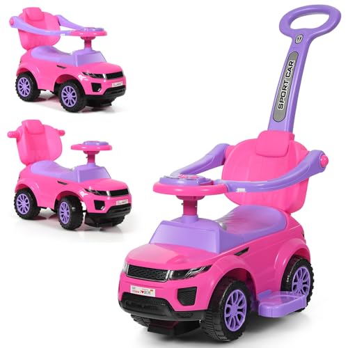 DREAMADE 3-in-1 Kinderfahrzeug, Rutschauto mit Sicherheitsbügel, abnehmbarem Schiebestange, Lichter, Musik & Hupe, 89 x 43 x 84cm Rutscherfahrzeug für Kinder ab 18 Monate (Rosa) von DREAMADE