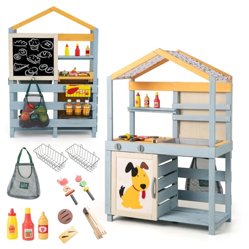 DREAMADE 3 in 1 Matschküche Kinder Outdoor, Outdoorküche aus Tannenholz mit abnehmbarem Waschbecken & BBQ-Grill & Tafel, doppelseitige Spielküche Kinderküche mit Zubehör für Kinder ab 3 Jahren von DREAMADE