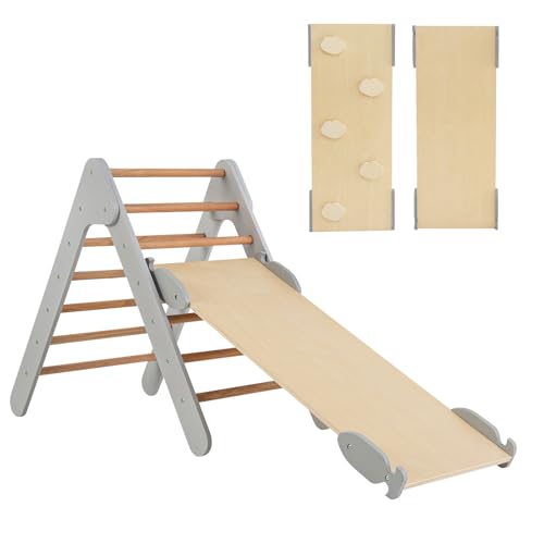 DREAMADE 3 in 1 Montessori Kletterdreieck mit 2-seitiger Rampe, Holzdreieck Sprossendreieck Kletterspielzeug aus Holz, Indoor Klettergerüst zum Rutschen & Klettern für Kinder ab 1 Jahr (Grau) von DREAMADE