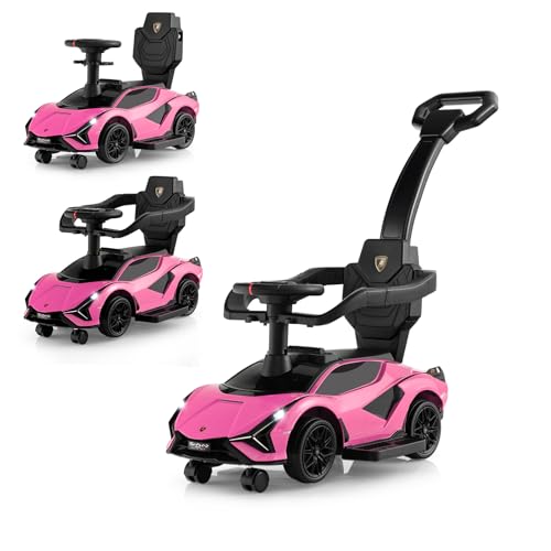 DREAMADE 3-in-1 Rutschauto Lamborghini, Rutschfahrzeug mit Schiebestange, Musik, Lichter & Sicherheitsbügel, Schiebauto für Kinder 18-60 Monate, belastbar bis 25kg (Rosa) von DREAMADE