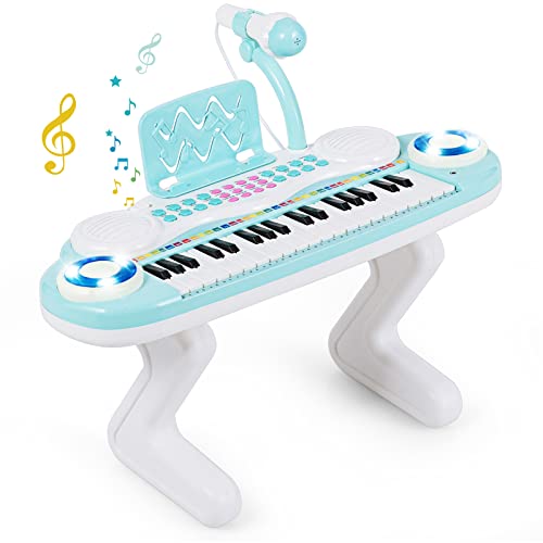 DREAMADE 37 Tasten Keyboard Kinder, Elektronische Klaviertastatur mit Mikrofon & Z-Ständer, Mini E-Piano, Digitalpiano mit Licht für Kinder ab 18 Monaten (Blau) von DREAMADE