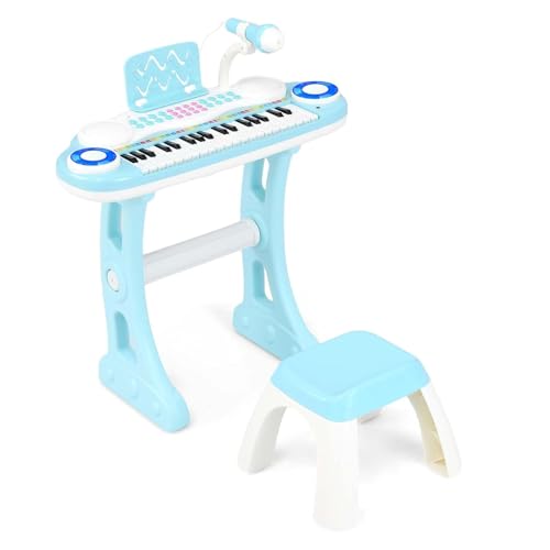 DREAMADE 37 Tasten Keyboard mit Licht, Mikrofon & Ständer, Kinderklavier mit 8 Tönen & 8 Rhythmen, Musikspielzeug Kinder ab 18 Monate (Blau + Weiß) von DREAMADE