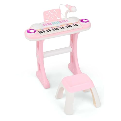 DREAMADE 37 Tasten Keyboard mit Licht, Mikrofon & Ständer, Kinderklavier mit 8 Tönen & 8 Rhythmen, Musikspielzeug Kinder ab 18 Monate (Pink + Weiß) von DREAMADE