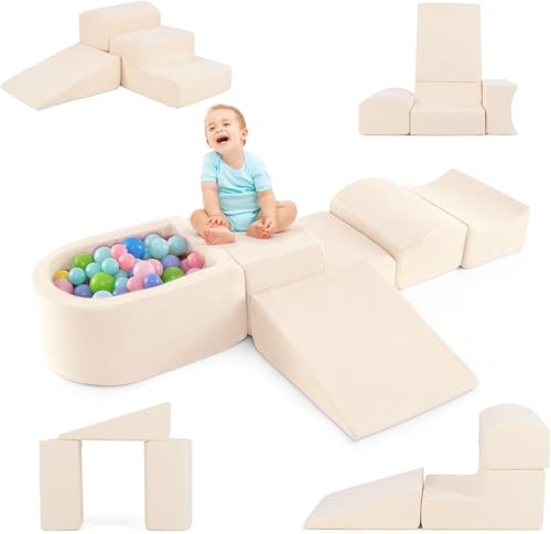 DREAMADE 5 TLG. Softbausteine, Riesenbausteine mit Bällebad & waschbarem Bezug, Großbausteine aus Schaumstoff, Kletterblöcke zum Toben & Klettern für Kleinkinder (Beige) von DREAMADE