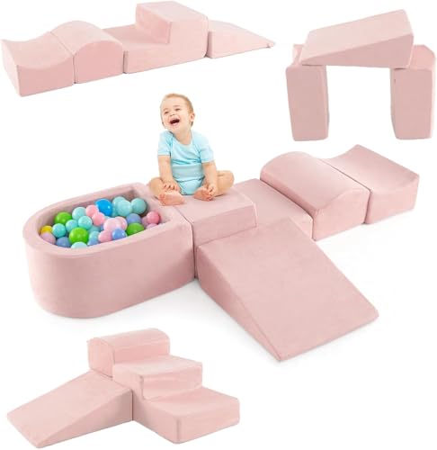 DREAMADE 5 TLG. Softbausteine, Riesenbausteine mit Bällebad & waschbarem Bezug, Großbausteine aus Schaumstoff, Kletterblöcke zum Toben & Klettern für Kleinkinder (Rosa) von DREAMADE