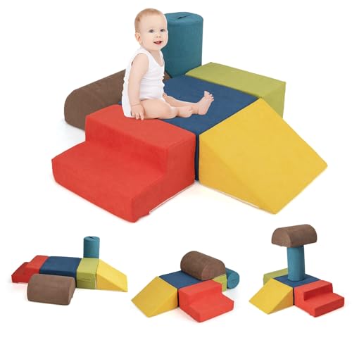 DREAMADE 6 TLG. Softbausteine für Kinder, Kletterblöcke aus Schaumstoff mit waschbarem Bezug, Softbausteine zum Klettern für Baby & Kleinkinder, Montessori Kletter-Spielzeug, 220x25cm (Bunt) von DREAMADE