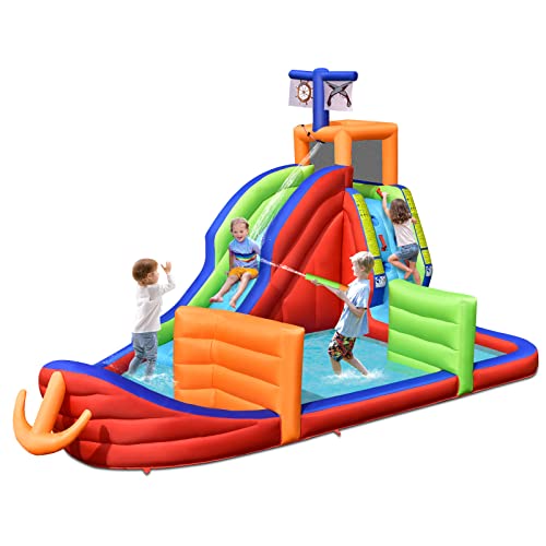 DREAMADE 6 in 1 Aufblasbare Burg, Trocken-/Wasserrutsche mit Kletterwand & Spielzeugpool, Piratenschiff Wasserspielcenter mit Spielen, für Kinder 3-10 Jahren, 316,5 x 428,5 x 286 cm von DREAMADE