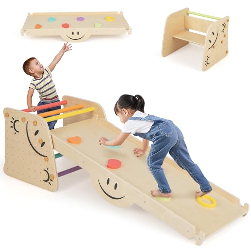 DREAMADE 6 in 1 Klettergerüst Indoor mit 2-seiteiger Rampe, Sprossendreieck Kletterspielzeug aus Holz, Kletterdreieck mit Rutsche zum Rutschen & Klettern & Wippe & Tritthocker für Kinder ab 3 Jahren von DREAMADE