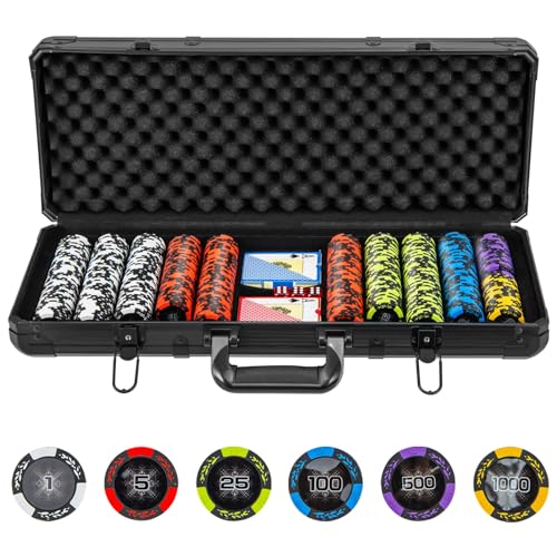 DREAMADE Aluminium Pokerkoffer mit 500 nummerierten Laser Poker Chips/ 2 Pokerkarten Set/ 5 Würfel/ 3 Dealer-Buttons, Pokerspiel, Poker Komplett Set Pokerset Profi Texas Hold'em (500 Chips) von DREAMADE