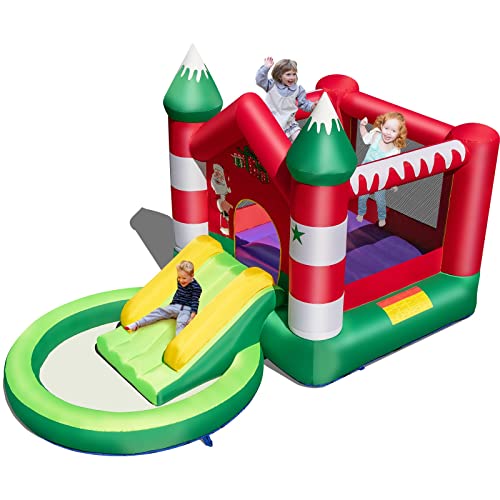 DREAMADE Aufblasbare Hüpfburg, Weihnachtliche Spielburg mit Rutsche, Sprungbereich & Bällebad, Indoor & Outdoor Springburg für Kinder 3-10 Jahren, 390 x 210 x 220cm (ohne Gebläse) von DREAMADE