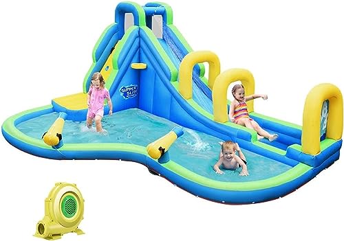 DREAMADE Aufblasbare Hüpfburg mit Gebläse, Wasserpark mit 2 Rutsche & Planschbecken & Wasserpistolen & Kletterwand, Wasserspielcenter Outdoor, Wasserrutsche für Kinder 4-12 Jahre, 478x366x242cm von DREAMADE