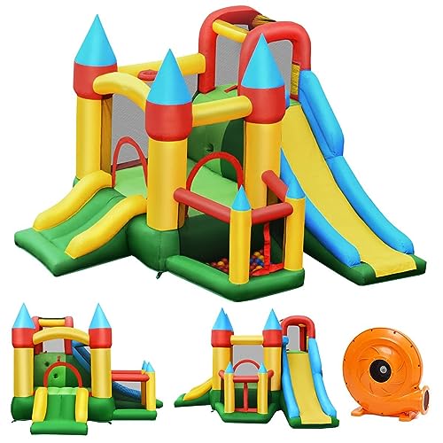 DREAMADE Aufblasbare Hüpfburg mit Gebläse, 330 x 300 x 210 cm Springburg mit 2 Rutsche, Sprungbereich & 60 Ozeanbällen, Spielburg Kinder für Garten, Park & Party von DREAMADE