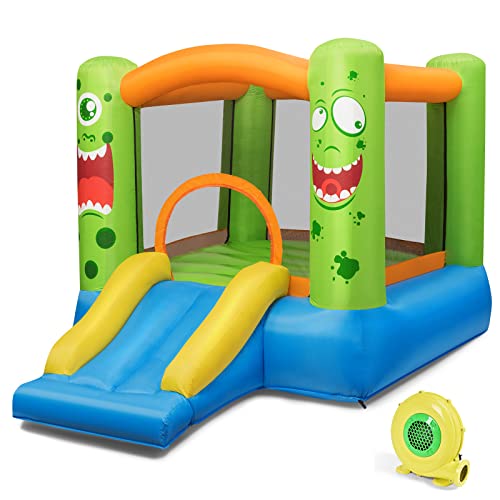 DREAMADE Aufblasbare Hüpfburg mit Gebläse, Springburg mit Rutsche & Basketballkorb & Sprungbereich, Castle Bouncer, Spielburg für Indoor & Outdoor, Springburg für Kinder 3-10 Jahren, 270x203x173cm von DREAMADE