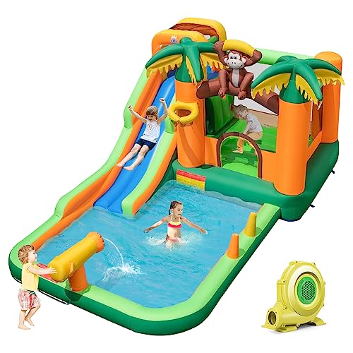 DREAMADE Aufblasbare Hüpfburg mit Gebläse, Wasserpark mit Langer Rutsche & Wasserbecken & Sprungbereich, 460 × 285 × 230cm Outdoor Wasserspielcenter, Wasserrutsche für Kinder ab 3 Jahre von DREAMADE