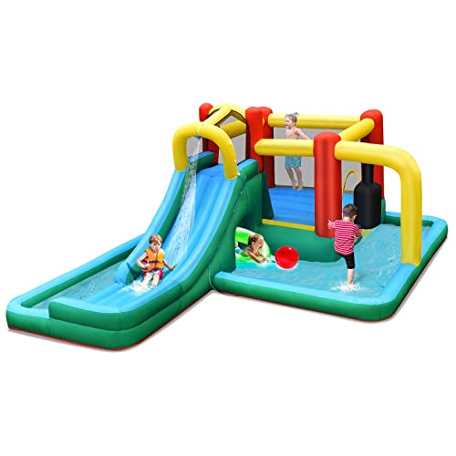 DREAMADE Aufblasbare Wasserrutsche, Hüpfburg XXL mit Langer Rutsche, Kletterwand, Tunnel & Sprungbereich, Hüpfburg Outdoor Wasserpark für 4 Kinder 3-10 Jahre für Draußen, 470x370x190 cm von DREAMADE