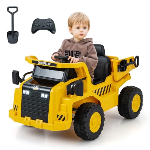 DREAMADE Caterpillar Elektro-LKW, 12 V, für Kinder, 3 – 6 Jahre, mit Fernbedienung, 2,4 G & Kippmulde & Sandschaufel & Musik & Beleuchtung, 3 – 4 km/h, Belastung 30 kg von DREAMADE