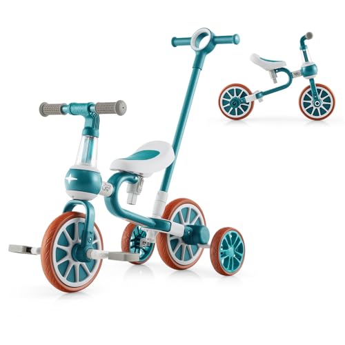 DREAMADE Dreirad ab 2 Jahre, 4-in-1 Laufrad mit Verstellbarer Schubstange & abnehmbarem Pedal, Kinderdreirad Balance Bike bis 30kg (Grün) von DREAMADE