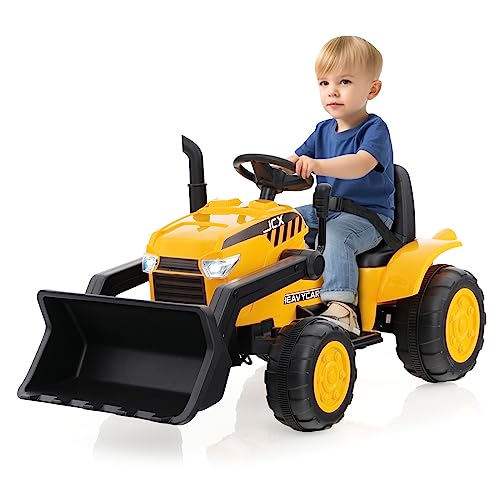 DREAMADE Elektro Sitzbagger mit Verstellbarer Grabschaufel, Bagger zum draufsitzen mit Fernbedienung, Kinderbagger mit Musik, Hupen, Scheinwerfer, USB, Sanftanlauf, für Kinder 3-8 Jahren, Gelb von DREAMADE