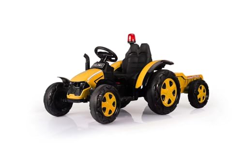 DREAMADE Elektro Traktor für Kinder, Kinder Traktor elektrisch mit abnehmbarem Anhänger & Fernbedienung, Trettraktor mit LED Lichtern, Musik, Hupe & USB, für Kinder ab 3 Jahre (Gelb) von DREAMADE