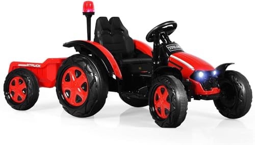 DREAMADE Elektro Traktor für Kinder, Kinder Traktor elektrisch mit abnehmbarem Anhänger & Fernbedienung, Trettraktor mit LED Lichtern, Musik, Hupe & USB, für Kinder ab 3 Jahre (Rot) von DREAMADE