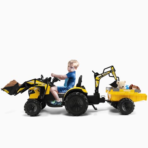 DREAMADE Elektroauto für Kinder, Kinder Traktor draufsitzen mit Bagger&Anhänger, Kinder Auto12V mit Fernbedienung, Sanftanlauf, LED Lichter & Musik, Elektrofahrzuge für Kinder 3-8 Jahre alt (Gelb) von DREAMADE