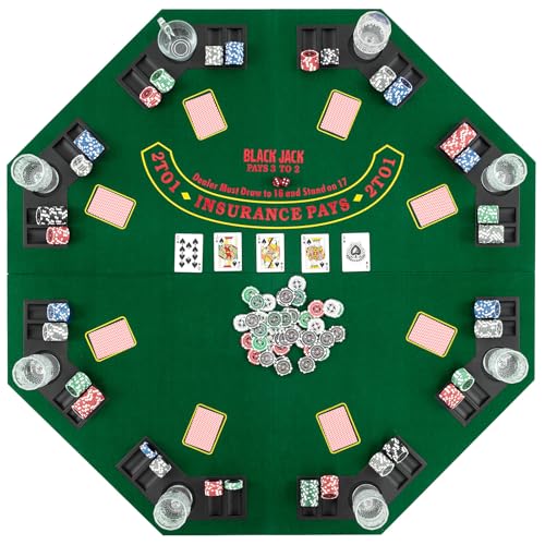 DREAMADE Faltbarer Pokerauflage für 8 Spieler, Pokertisch Spieltisch Matte mit Getränkehalter & Tragetasche inkl., achteckig Holzverstärkt, Pokermatte 120 x 120 cm von DREAMADE