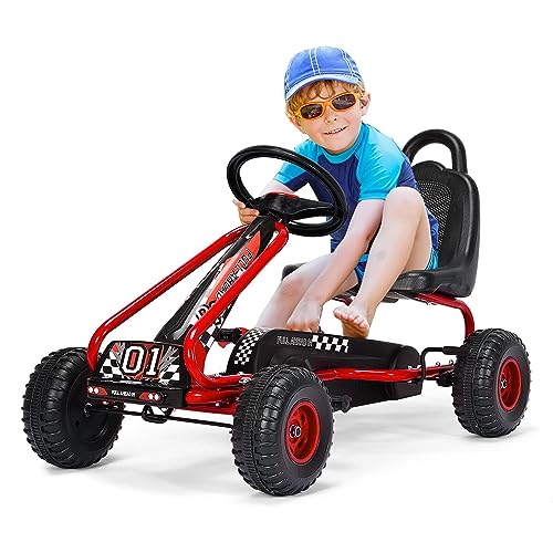 DREAMADE Gokart mit Handbremse & verstellbarem Sitz, Tretauto Tretfahrzeug mit geschlossenem Kettenkasten & Vor- und Rückwärtsgang, Pedal Go Cart für Kinder 3-6 Jahren, bis 30 kg belastbar (Rot) von DREAMADE