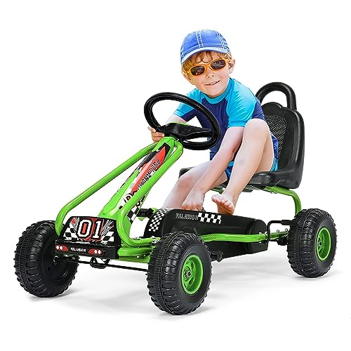 DREAMADE Gokart mit Handbremse & verstellbarem Sitz, Tretauto Tretfahrzeug mit geschlossenem Kettenkasten & Vor- und Rückwärtsgang, Pedal Go Cart für Kinder 3-6 Jahren, bis 30 kg belastbar (Grün) von DREAMADE