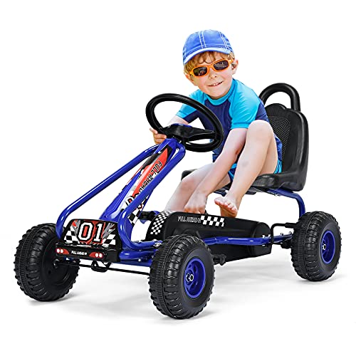 DREAMADE Gokart mit Handbremse & verstellbarem Sitz, Tretauto Tretfahrzeug mit geschlossenem Kettenkasten & Vor- und Rückwärtsgang, Pedal Go Cart für Kinder 3-6 Jahren, bis 30 kg belastbar (Blau) von DREAMADE