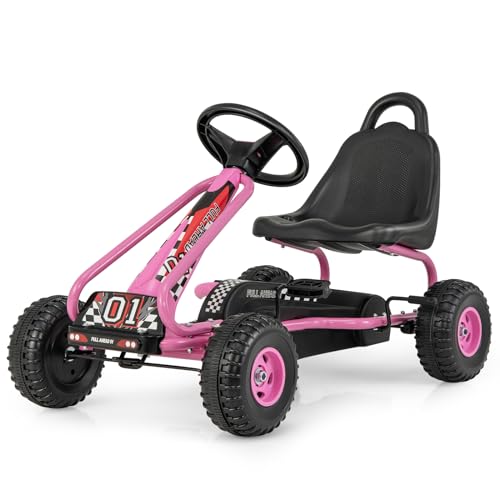 DREAMADE Gokart mit Handbremse & verstellbarem Sitz, Tretauto Tretfahrzeug mit geschlossenem Kettenkasten & Vor- und Rückwärtsgang, Pedal Go Cart für Kinder 3-6 Jahren, bis 30 kg belastbar (Rosa) von DREAMADE