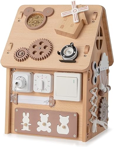 DREAMADE Großer Motorikspielzeug für Kinder ab 3 Jahre, Kinderspielhaus aus Holz mit 23 Zubehörteilen & Stauraum, Lernspielzeug zur Förderung der Feinmotorik, 31 x 30 x 42cm von DREAMADE