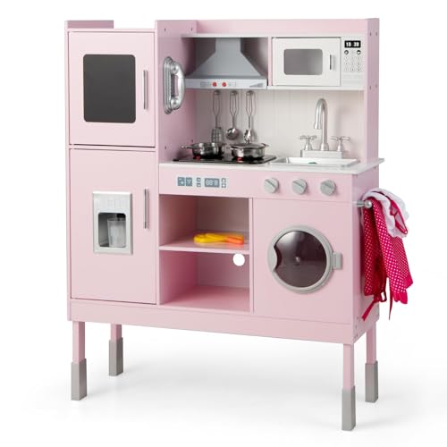 DREAMADE Höhenverstellbare Kinderküche mit Licht und Sound, Spielküche aus Holz mit Zubehör, Kinderspielküche mit Spüle Herd Backofen, Holzküche Spielzeugküche für Kinder ab 3 Jahren, rosa (Groß) von DREAMADE