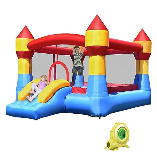 DREAMADE Hüpfburg mit Rutsche, Spielburg aufblasbar, Klein Springburg Hüpfschloss mit Reparatur Kit, Ritterburg Garten Indoor/Outdoor für Kinder (mit Gebläse) von DREAMADE