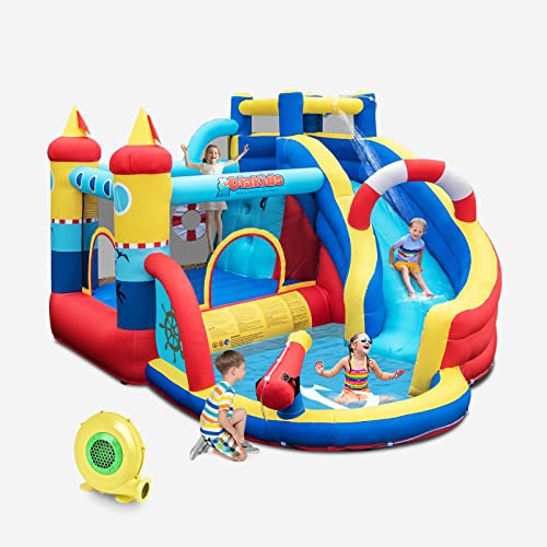 DREAMADE Hüpfburg mit Wasserrutsche, Aufblasbare Hüpfburg mit Langer Rutsche, Bounce Haus mit Wasserpistole & Kletterwand für Kinder 3-10 Jahre, 360 x 290 x 200cm, Hüpfburg Outdoor (mit Gebläse) von DREAMADE