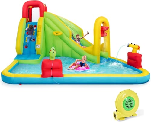 DREAMADE Hüpfburg mit Wasserrutsche, Hüpfburg XXL mit Wasserkanonen & Kletterwand & Basketballkorb, 400X335X230cm Bouncy Castle Outdoor & Indoor für Kinder 3-10 Jahre (mit Gebläse) von DREAMADE