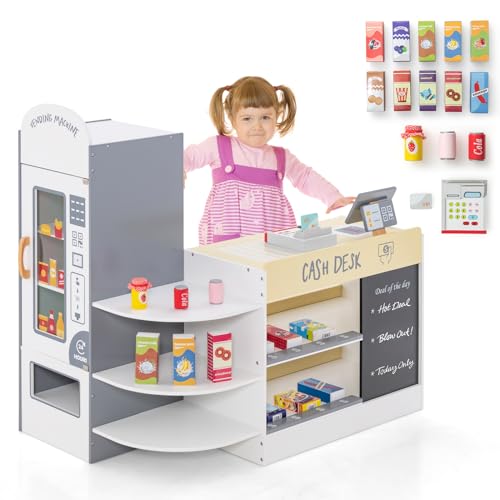 DREAMADE Kasse Kaufladen Kinder, Kaufmansladen Holz mit realistischer Kasse & Verkaufsautomat, Spiel-Supermarkt mit 15 Zubehör & Kreidetafel, Verkaufsstand Spielzeug Set für Kinder ab 3 Jahren (Weiß) von DREAMADE