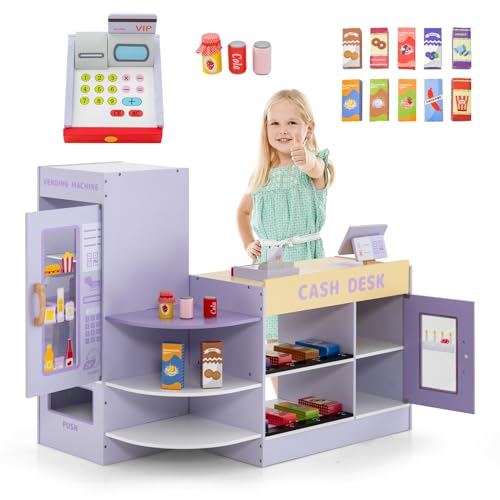 DREAMADE Kasse Kaufladen Kinder, Kaufmansladen Holz mit realistischer Kasse & Verkaufsautomat, Spiel-Supermarkt mit 15 Zubehör & Kreidetafel, Verkaufsstand Spielzeug Set für Kinder ab 3 Jahren (Lila) von DREAMADE