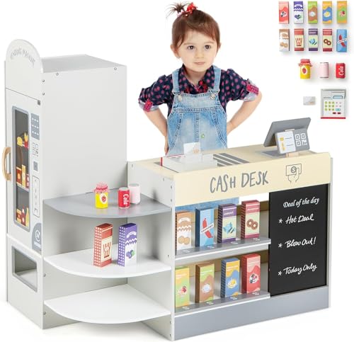 DREAMADE Kasse Kaufladen Kinder, Kaufmansladen Holz mit realistischer Kasse & Verkaufsautomat, Spiel-Supermarkt mit 15 Zubehör & Kreidetafel, Verkaufsstand Spielzeug Set für Kinder ab 3 Jahren (Grau) DREAMADE Kasse Kaufladen Kinder, Kaufmansladen Holz mit realistischer Kasse & Verkaufsautomat, Spiel-Supermarkt mit 15 Zubehör & Kreidetafel, Verkaufsstand Spielzeug Set für Kinder ab 3 Jahren (Grau) von DREAMADE