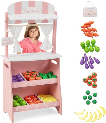 DREAMADE Kaufladen, Kaufmansladen Holz mit 36 Zubehör, Bauernmarktstand mit Vordach, Werbeschild & Lagerregalen, Verkaufsstand Spielzeug Set für Kinder ab 3 Jahren (Rosa) von DREAMADE