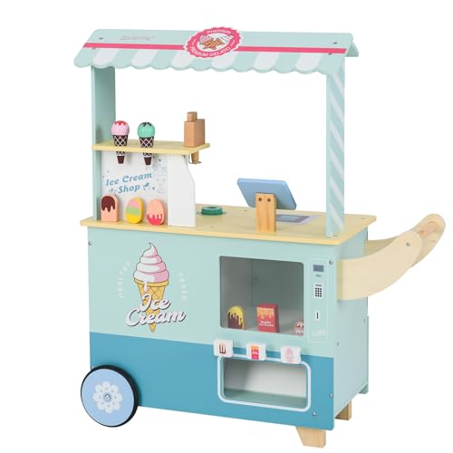 DREAMADE Kinder Eiswagen mit 15 Zubehör, Kaufladen aus Holz mit 2 Rädern & Markise, Eisstand Einkaufsladen für Kinder ab 3 Jahren (Cyan) von DREAMADE