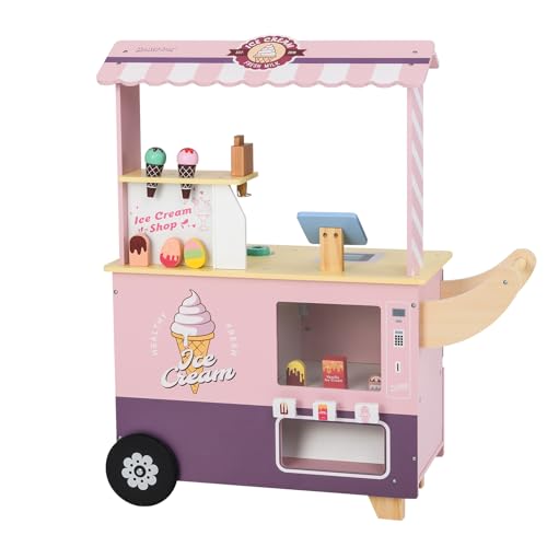 DREAMADE Kinder Eiswagen mit 15 Zubehör, Kaufladen aus Holz mit 2 Rädern & Markise, Eisstand Einkaufsladen für Kinder ab 3 Jahren (Rosa) von DREAMADE