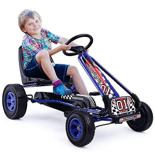 DREAMADE Kinder Go Kart Tretfahrzeug, Tretauto mit Bremsen, Kinderfahrzeug Pedalfahrzeug mit Verstellbarem Sitz für Kinder ab 3 Jahre (Blau) von DREAMADE