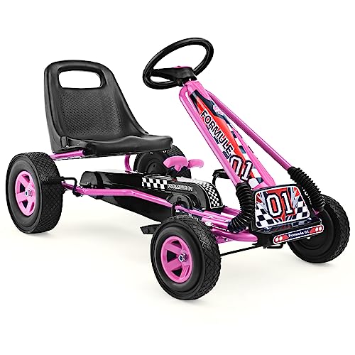 DREAMADE Kinder Go Kart Tretfahrzeug, Tretauto mit Bremsen, Kinderfahrzeug Pedalfahrzeug mit Verstellbarem Sitz für Kinder ab 3 Jahre (Rosa) von DREAMADE