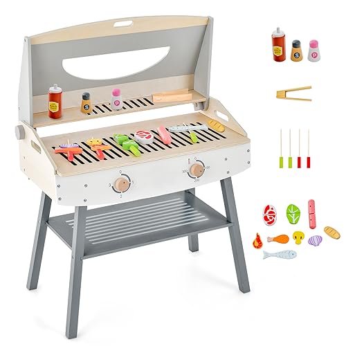 DREAMADE Kinder Grill Spielzeugset mit 17 TLG. Spielzubehör, BBQ Grill Set, Kinderküche Outdoor, Kindergrill aus Holz für Mädchen und Jungen ab 3 Jahren von DREAMADE