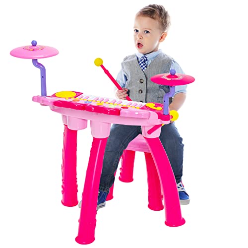 DREAMADE Kinder Keyboard mit Trommel Set, 24 Tasten Standkeyboard mit Mikrofon, LED-Leuchten & DJ-Plattenspieler, Musikspielzeug Kinder ab 3 Jahre (Rosa) von DREAMADE