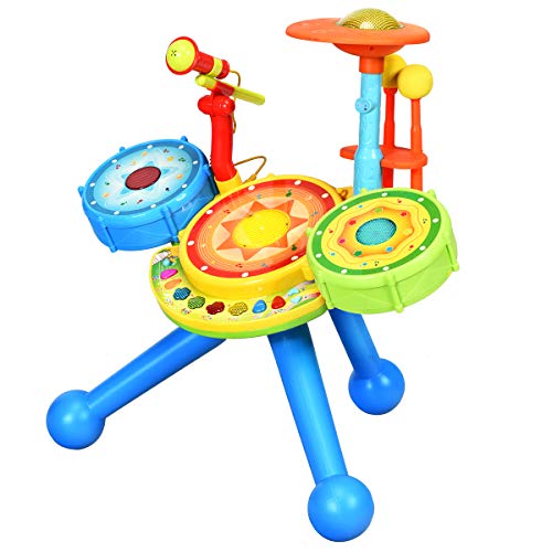 DREAMADE Kinder Trommel Set mit Hocker, Schlagzeug mit Blinkenden Lichter und Mikrofon, Spielzeug für Kinder ab 36 Monate, Kinder Musikinstrumente von DREAMADE